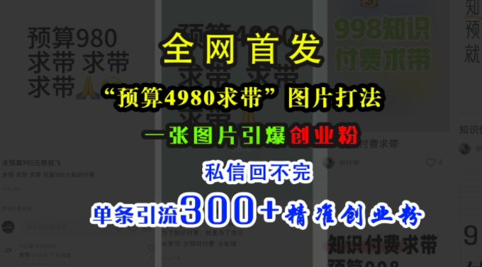 小红书“预算4980带我飞”图片打法，一张图片引爆创业粉，私信回不完，单条引流300+精准创业粉-百盟网